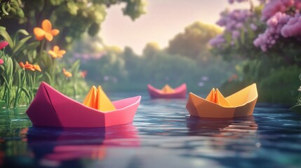 A serene scene of colorful paper boats floating on a calm river surrounded by flowers.