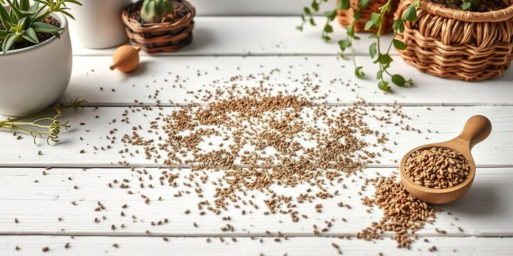 Aromatic ground cumin seeds scattered on a rustic white wooden table, surrounded by natural elements like potted plants and woven baskets, spices, ground cumin