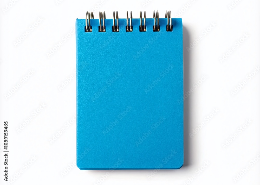 Poster closed spiral bound notepad with blue cover isolated on white background for mockup and template use