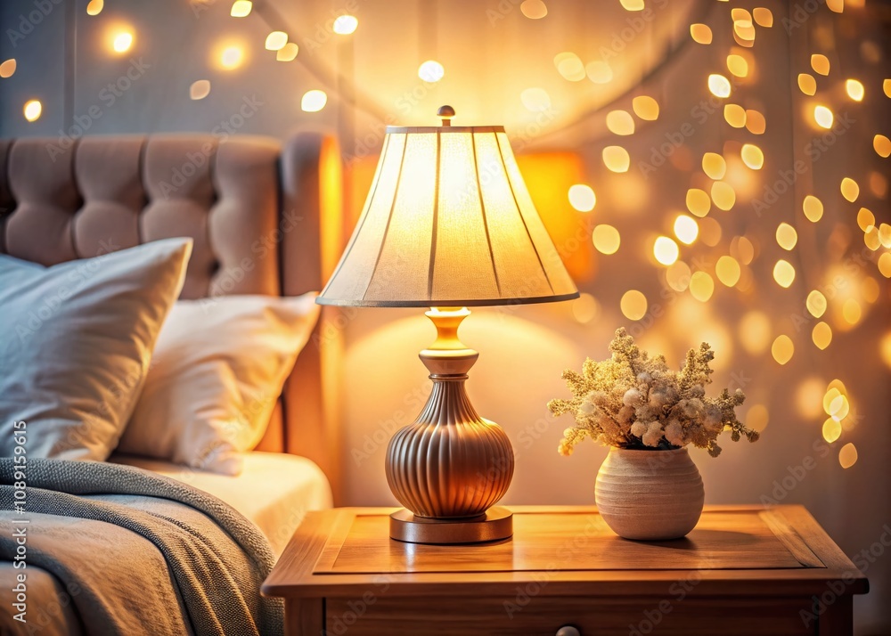 Poster closeup of a bright nordic style table lamp illuminating a cozy bedside table with bokeh effect in a