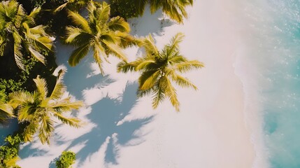 Obraz premium Aerial view of tropical beach with lush palm trees and turquoise waters.