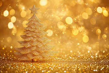 Shimmering gold Christmas tree on glittering surface with soft twinkling lights in the background.