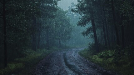 Obraz premium A Quiet Forest Road During a Rainstorm at Dusk