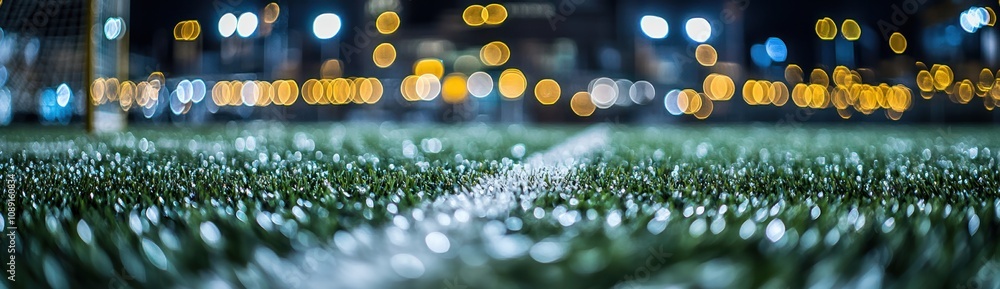 Poster a close-up view of a soccer field at night with blurred lights in the background.