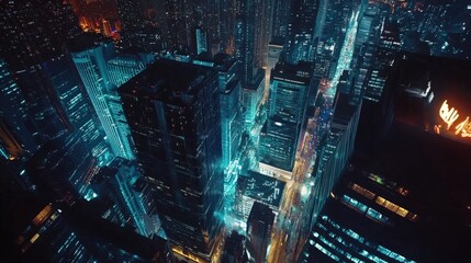 Aerial View of a Cityscape at Night with Illuminated Buildings and Streets