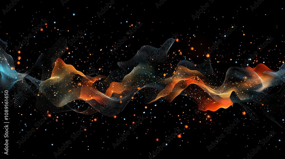 Poster graphik abstract background for digital data storage, digital neural networks, particle flows, funda
