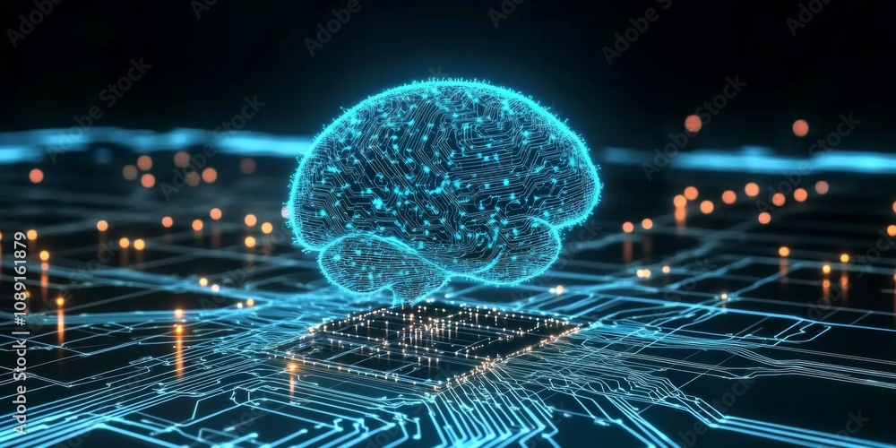 Poster futuristic 3d human brain on circuit board with interconnected blue lines and grid pattern, technolo