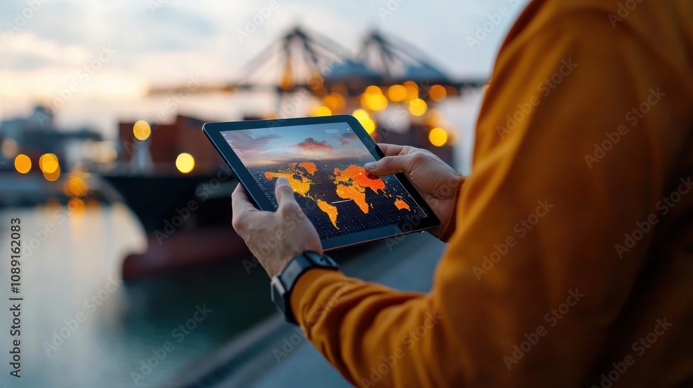 Poster individual using a tablet to view a colorful world map against a background of shipping cranes and t