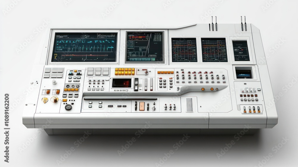Poster a detailed control panel featuring various buttons, screens, and indicators for operation.