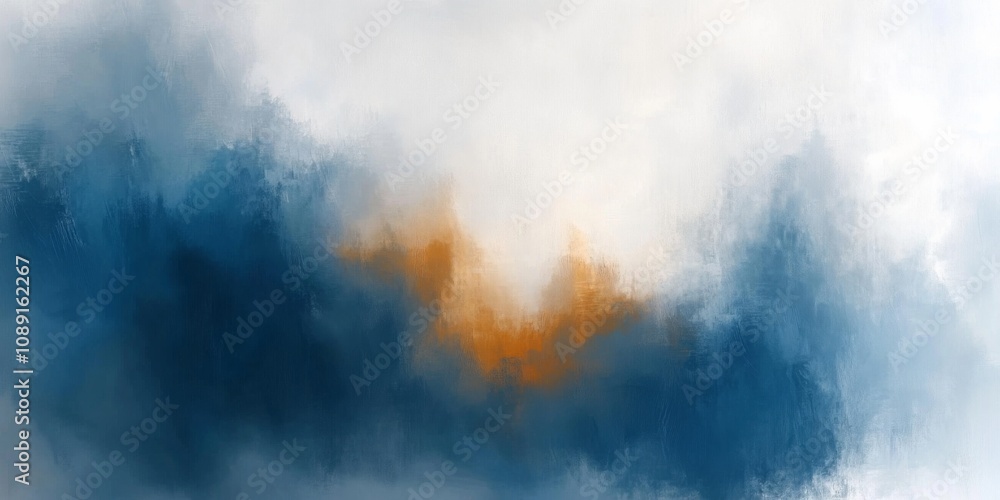 Poster abstract blue and white painting with depth and dimension on predominantly white background with hin