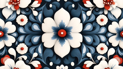 Intricate symmetrical floral pattern with red, blue, and white flowers and leaves creating a seamless design