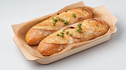 Eco packaging for product show wooden tray for artisan bread, natural finish, eco-certified materials, reusable and compostable liner, Photorealistic