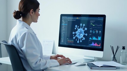 Scientist analyzing 3D molecular model on computer in laboratory setting.