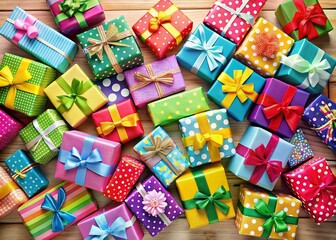 Colorful Gift Boxes in Playful Arrangement with Copy Space for Holiday Celebrations and Special Occasions