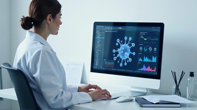 Scientist analyzing 3D molecular model on computer in laboratory setting.