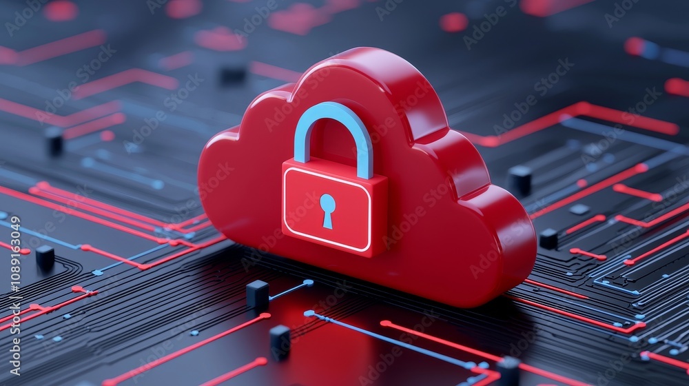 Poster cloud security services, stylized cloud icon incorporated with a secure padlock symbol, symbolizing 