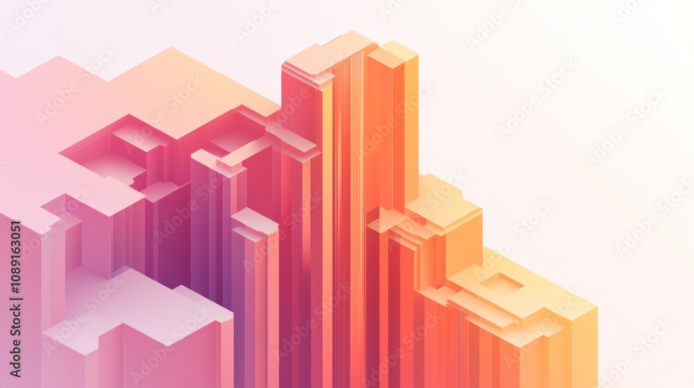 Poster Abstract geometric design with layered structures in gradient colors.