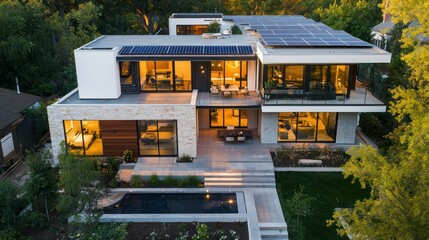Two-story modern house with integrated solar panels and outdoor living space, showcasing a seamless blend of technology and design.