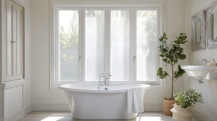  A bathroom with frosted window glass that provides privacy while maintaining a soft, elegant ambiance.