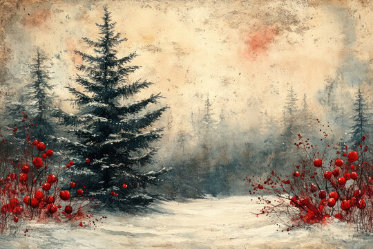 A picturesque winter scene with snow-covered fir trees and bright red berries in the foreground. 