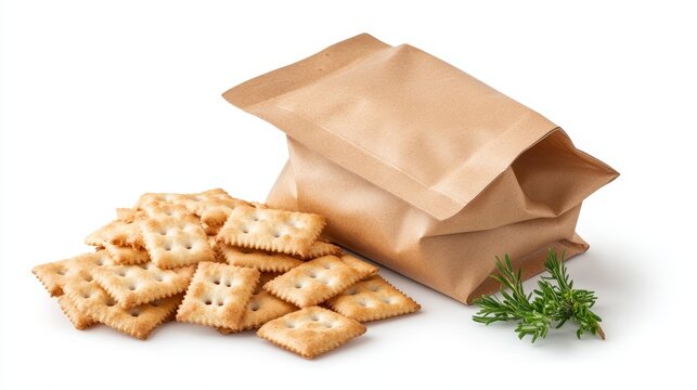 Eco packaging product show resealable pouch for crackers made from PLA (polylactic acid) derived from cornstarch, compostable and water-resistant, Photorealistic