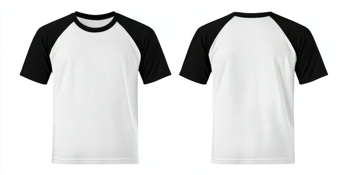 White T-shirt with black sleeves, front and back, baseball style, isolated on white.
