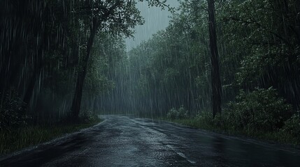 Fototapeta premium A Quiet Forest Road During a Rainstorm at Noon