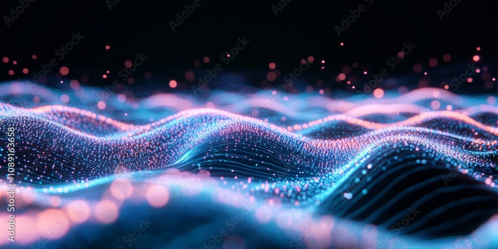 Poster futuristic wave pattern of dots and lines in gradient shades against black background