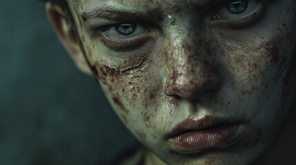 Close-up of an addicted face, hollow eyes with dark circles, pale and tense skin, cracked lips, strained expression, shadowy surroundings, empty gaze, unkempt hair