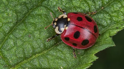 Ladybug Crawling on a Green Leaf
