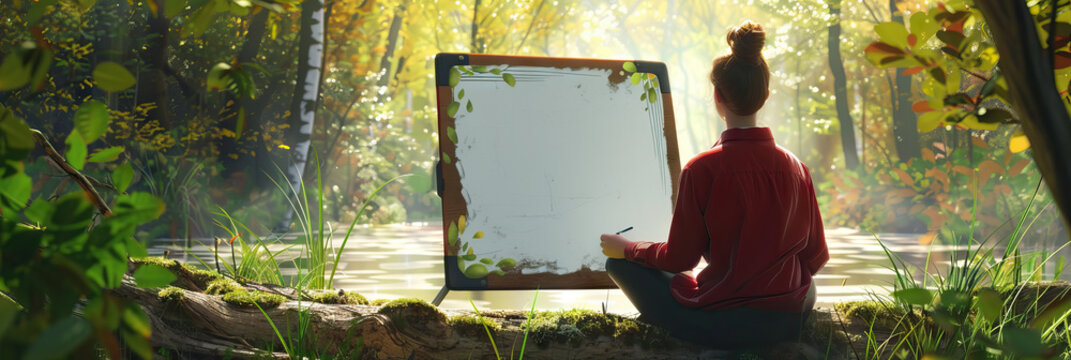 Businesswoman using a portable whiteboard to sketch out ideas while sitting on a log in a forest.
