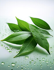 Fototapeta premium Fresh dried green tea leaves are placed on a glass surface with a few drops of water