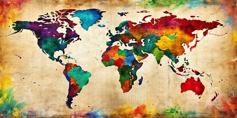 Colorful Vintage World Map with Artistic Splash Effects Capturing Global Diversity and Adventure in Retro Aesthetic Style