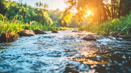 Fototapeta premium serene river flows gently through lush greenery, illuminated by sunlight