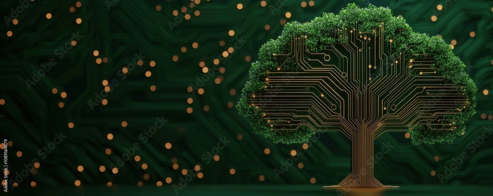 Poster a digital tree with circuit patterns on its trunk and branches, set against a green background fille