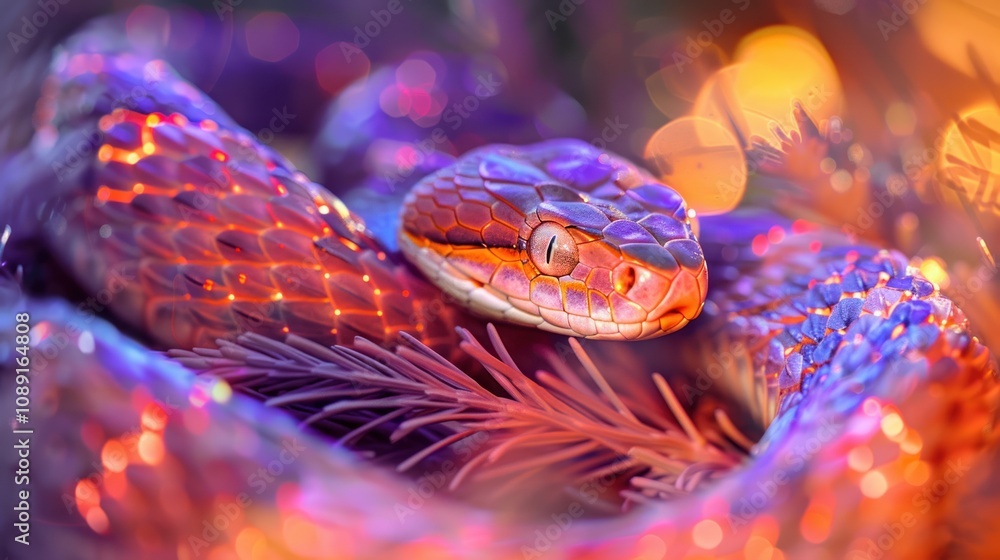 Poster a close-up shot of a snake with iridescent scales, set against a background of blurred lights. the s