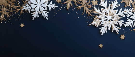 White snowflakes adorned with gold glitter and small golden stars create a decorative top border against a deep navy blue background, offering ample space for text or design below. Generative AI.