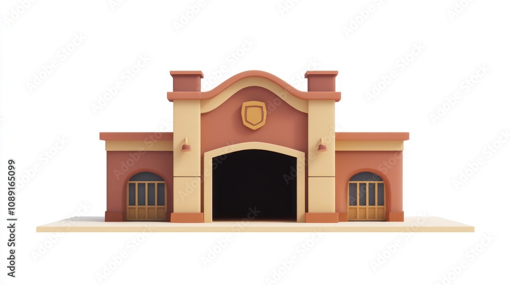 Poster a stylized building with an archway and decorative elements, resembling a station or hall.