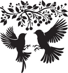 Fototapeta premium A pair of birds hovering over a branch with berries