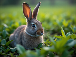 Fototapeta premium Adorable baby rabbit bunny eating vegetable sitting on green grass spring time over bokeh nature background. Cuddly furry white brown rabbit eat fresh vegetable at outdoor. Easter animal concept.