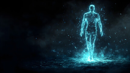 glowing hologram figure walking through dark space, symbolizing technology