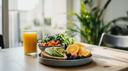Healthy breakfast spread featuring avocado toast and fresh fruits cozy kitchen setting food photography natural light wellness concept