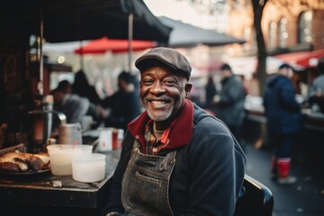Obraz premium Smiling portrait of a middle aged African American food truck owner