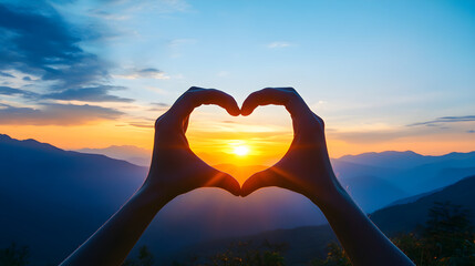 Hands forming heart shape silhouette against sunset sky, expressing love
