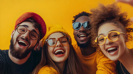 Naklejka premium joyful group of diverse young people laughing together in bright colors