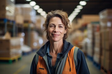 Fototapeta premium Portrait of a joyful middle aged female warehouse worker