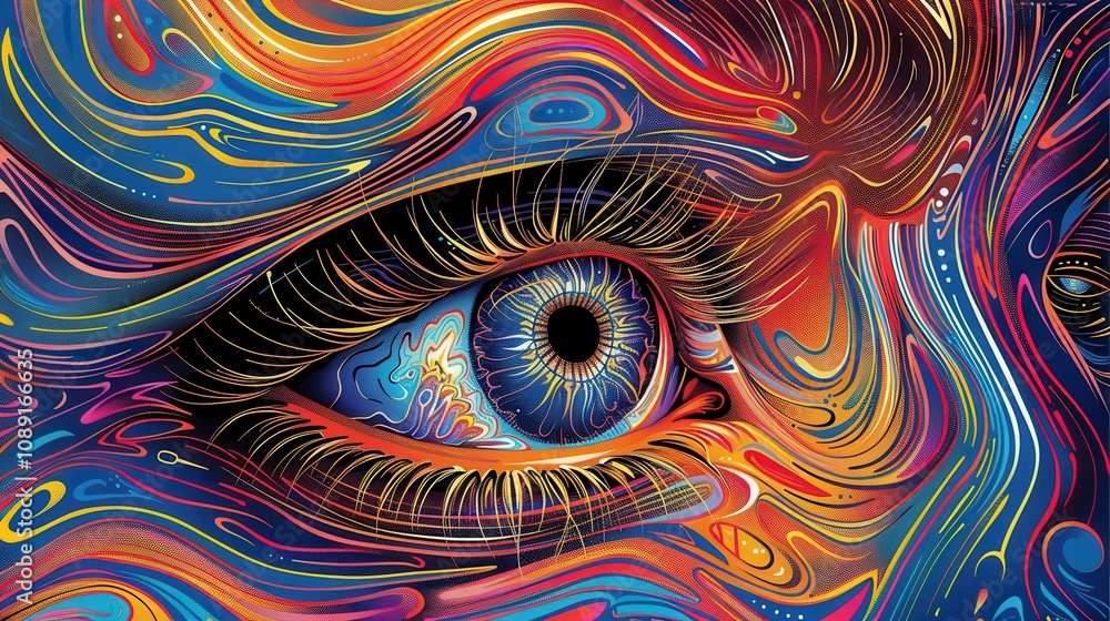 Poster intricate doodle art of a colorful eye with creative line work and abstract design elements, captiva