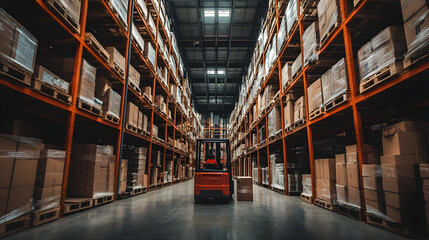 Efficient warehouse interior with shelves and forklift in action