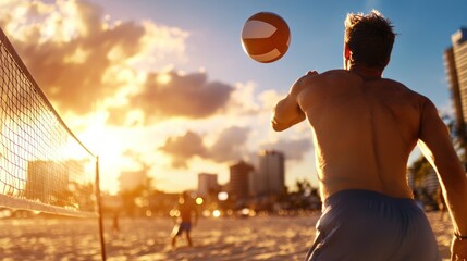 A man enjoys beach volleyball during sunset, highlighting an active lifestyle and scenic coastal views.