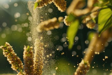 tree releases pollen in the air during spring, with sunlight and blurred background
